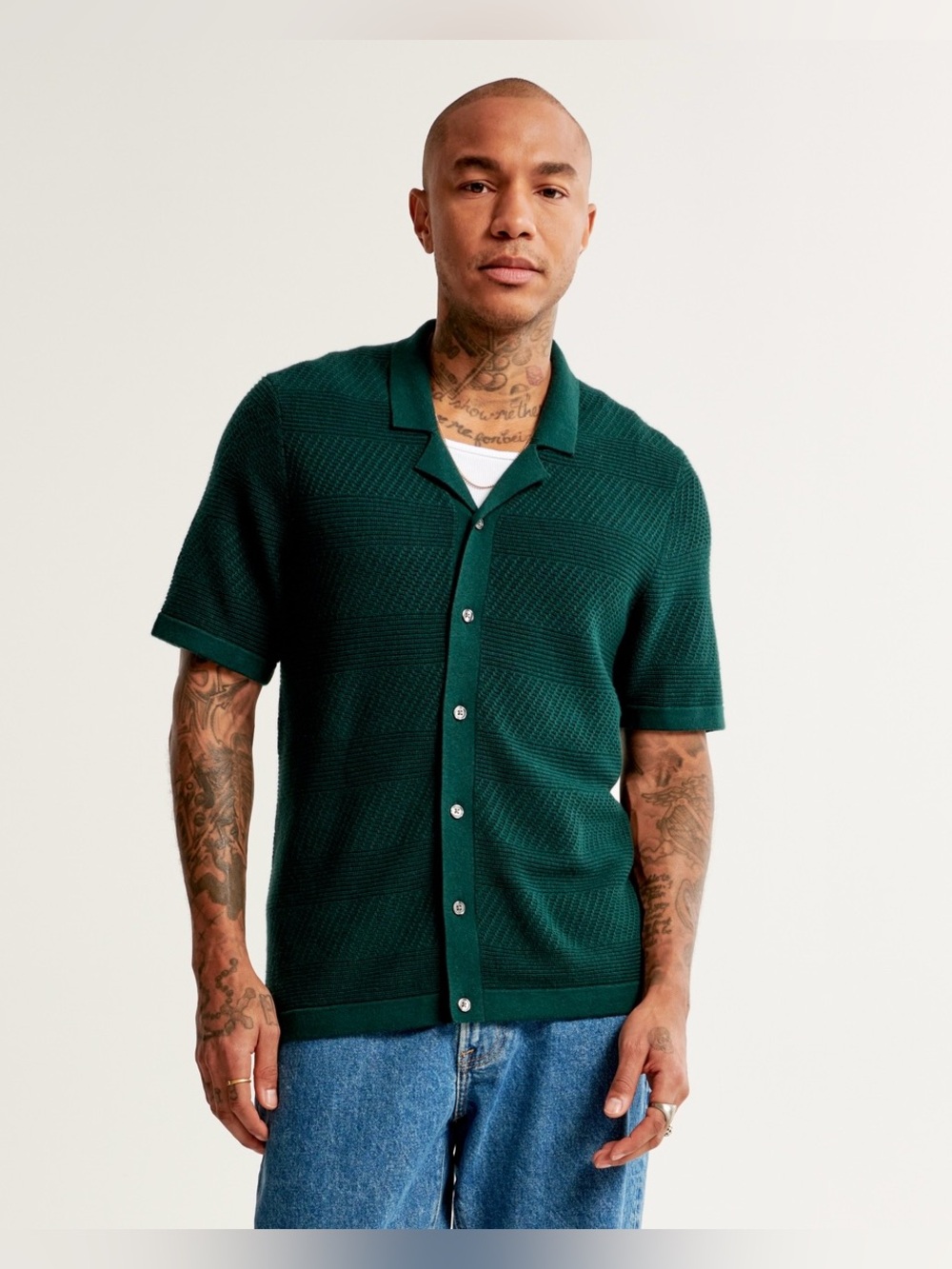 Abercrombie Dark Green Knit Short Sleeve Button Top - Large/Ta